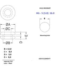 HG- 5 (3.0) 16.0  Przelotki przewodów 8 mm przepusty kablowe plastikowe gumowe, otwór montażowy 12mm,Opak.100szt.