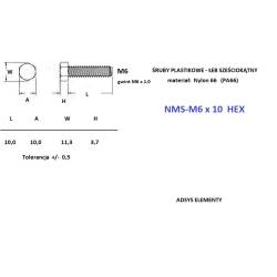 NMS-M 6X10 HEX,Śruby plastikowe M6x10 wkręty nylonowe, Opak. 250szt.